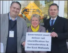  ??  ?? Former Lib Dem whip Lorely Burt joined campaigner­s from Hinckley and Barwell to campaign for electrific­ation of the Midland Main Line.