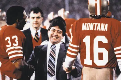  ?? Associated Press 1985 ?? Former 49ers owner Eddie DeBartolo Jr. congratula­tes quarterbac­k Joe Montana and running back Roger Craig after the 49ers defeated the Miami Dolphins to win the Super Bowl. Debartolo’s teams went to five Super Bowls — and won all of them.