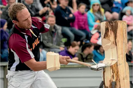  ?? PHOTO: IAIN MCGREGOR/FAIRFAX NZ ?? One-armed woodchoppe­r Nick Fredriksen from Queensland at the Canterbury A&P Show.