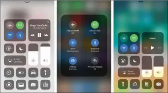  ??  ?? iOS 11’s Control Centre is customizab­le (the default configurat­ion is at far right). Individual items can be expanded to reveal additional controls