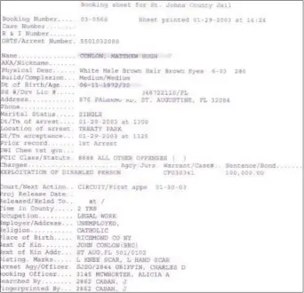  ?? SCREENGRAB ?? Booking informatio­n from the St. Johns County Jail matches up to Trenton clerk Matthew Conlon. For example, it described his occupation as “legal work.” Conlon graduated from law school in 1996.