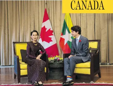  ?? ADRIAN WYLD / THE CANADIAN PRESS ?? Prime Minister Justin Trudeau met with Myanmar leader Aung San Suu Kyi on the sidelines of the Asia-Pacific Economic Cooperatio­n leaders’ summit in Vietnam. It was the prime minister’s first meeting with Suu Kyi, an honorary Canadian citizen, since a crackdown by Myanmar’s security forces began in late August.