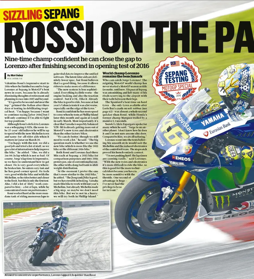  ?? By Mat Oxley MCN CONTRIBUTO­R ?? Allowed to concentrat­e on performanc­e, Lorenzo lapped 0.9s quicker than Rossi