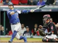  ?? GENE J. PUSKAR — THE ASSOCIATED PRESS ?? Toronto Blue Jays third bseman Josh Donaldson strikes out against the Cleveland Indians in the eighth inning in Game 2 of the American League Championsh­ip Series on Saturday.