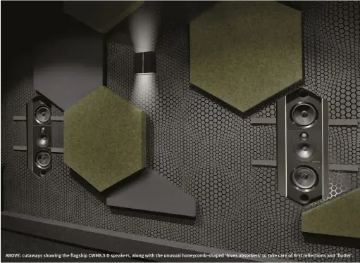  ??  ?? ABOVE: cutaways showing the flagship CWM8.5 D speakers, along with the unusual honeycomb-shaped ‘hives absorbers’ to take care of first reflection­s and ‘flutter’.