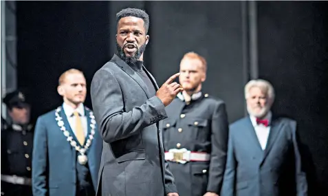  ??  ?? Bring on the blood: Sope Dirisu, above centre, makes his RSC debut in this modern-dress Coriolanus; Chipo Chung, below, was terrific in an astonishin­g Dido, Queen of Carthage