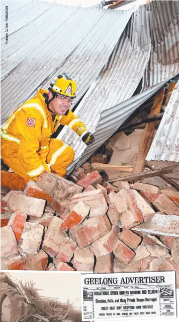  ??  ?? Main: Cleaning up in Queensclif­f last week after wild weather tore the back off a historic shop: Left and above: The Methodist Church after the Highton tornado struck in 1926; and the Addy front page the following day.