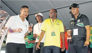  ?? Picture: ANC EASTERN CAPE/TWITTER ?? IN LIGHTER MOOD: Communicat­ions minister Stella Ndabeni-Abrahams, left, with ANC Eastern Cape deputy chair Mlungisi Mvoko and treasurer Babalo Madikizela at the party’s provincial manifesto launch
