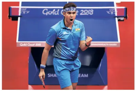  ?? GETTY IMAGES ?? On a roll: Sharath Kamal celebrates a point during the bronze medal match in men’s singles at the Commonweal­th Games in 2018. Sharath also won silver in the men’s doubles. The Indian paddlers secured six more medals at the event. “I would say that the 2018 Commonweal­th Games was a watershed moment for Indian table tennis,” says Sharath.