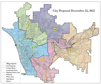  ?? Courtesy of Scott Rafferty ?? A proposed map presented jointly by the city of Santa Clarita and the group suing the city over an alleged California Voting Rights Act violation. The city hosted its first public hearing at the Newhall Community Center on Wednesday for residents to comment on the map.