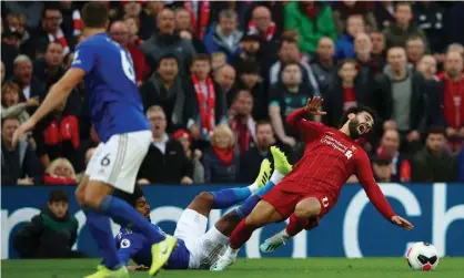  ?? Photograph: Clive Brunskill/Getty Images ?? Mohamed Salah’s ankle was injured on 5 October in this challenge from Leicester’s Hamza Choudhury.