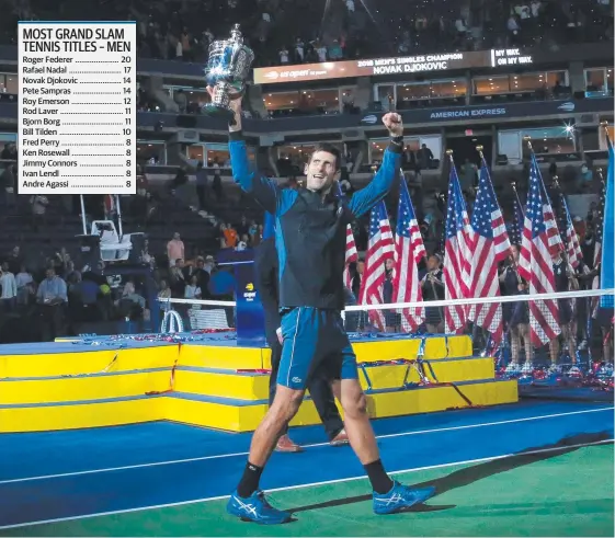  ?? Picture: AFP PHOTO ?? Novak Djokovic beat Juan Martin del Potro at the US Open to draw level with Pete Sampras on 14 grand slam singles titles.