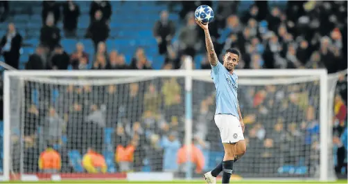  ?? Picture: Oli SCARFF / AFP ?? RAISING THE BAR: Manchester City’s Brazilian striker Gabriel Jesus celebrates after scoring a hat-trick to make it 6-0 during a Uefa Champions League group F football match against Shakhtar Donetsk at the Etihad stadium in Manchester, England on Wednesday..