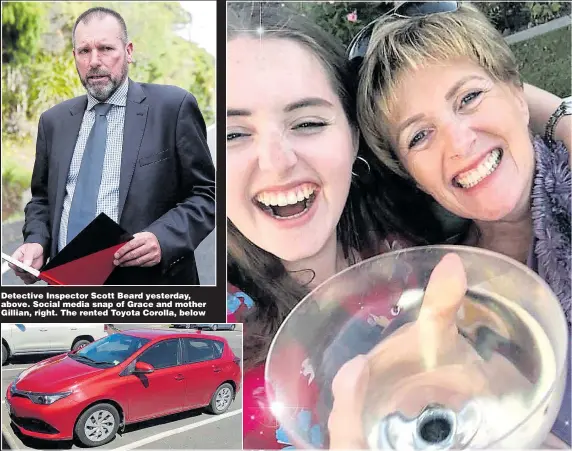  ?? Picture: HANNAH PETERS/GETTY ?? Detective Inspector Scott Beard yesterday, above. Social media snap of Grace and mother Gillian, right. The rented Toyota Corolla, below