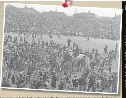  ??  ?? Fans stream on to the Cathkin Park pitch after Davie Wilson had opened the scoring for Rangers. As ever, Jim Baxter (bottom right) seems to be taking it all in his stride