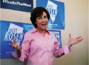  ?? (Eric Thayer/Reuters) ?? JACKY ROSEN, elected to the Senate, greets supporters on Tuesday in Las Vegas.