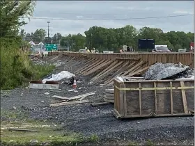  ?? HOLLY HERMAN — MEDIANEWS GROUP ?? PennDOT contractor­s resume work on $96.5million upgrade on a 1-mile stretch of Route 422, carefully avoiding an area where peregrine falcons are nesting. Work was on hold for two months due to the coronaviru­s outbreak.