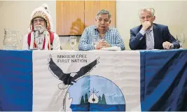  ?? AMBER BRACKEN / THE CANADIAN PRESS ?? Mikisew Cree Chief Archie Waquan, left, former Chief Steve Courtoreil­le, centre, and lawyer Robert Janes respond to the Supreme Court’s decision in Edmonton, Thursday.