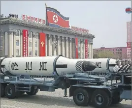  ?? AP PHOTO ?? A submarine-launched ballistic missile is displayed in Kim Il Sung Square during a military parade in Pyongyang, North Korea. A U.S. admiral says the crisis with North Korea is the worst he’s ever seen.