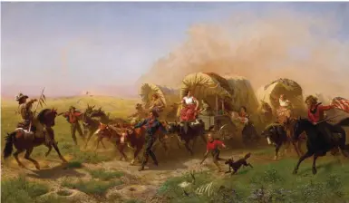  ??  ?? Emanuel Leutze (1816-1868), Indians Attacking the Wagon Train, oil on canvas, 40 x 68” Estimate: $2.5/3.5 million