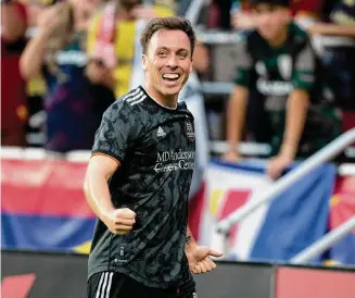  ?? Chris Gardner/Getty Images ?? The Dynamo’s Corey Baird, celebratin­g his goal against Real Salt Lake on Saturday, is one of the team’s nine different players who have scored in the past three victories.