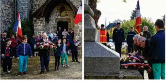  ??  ?? Daniel Boisnard a déposé des gerbes avec les enfants, en mémoire des soldats tombés pour la France lors de la 1re guerre mondiale.