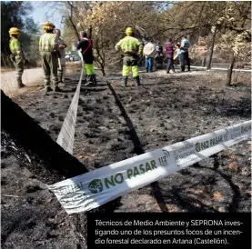  ??  ?? Técnicos de Medio Ambiente y SEPRONA investigan­do uno de los presuntos focos de un incendio forestal declarado en Artana (Castellón).