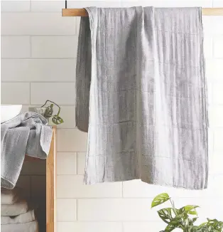  ??  ?? Something as simple as a new bath towel can take the humdrum out of daily routine. Charcoal-infused bath towel $70 | Simons.ca