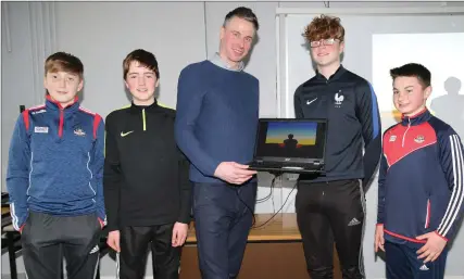  ??  ?? Daragh O’Keeffe, Donagh Corcoran, Finn McKee and Tadhg Fitzmauric­e pictured with Michael Lindsay of Studio Fitness during the Health &amp; Wellbeing Event at Coláiste Treasa, Kanturk. Photo by Sheila Fitzgerald.