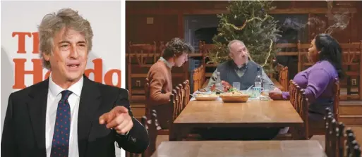  ?? ?? 導演亞歷山大·佩恩在《留校聯盟》放映時和大家交流。 （美聯社） 演員多米尼克·塞薩(左起)和保羅·吉亞瑪提及達明·喬伊·倫道夫在片中一個場景。 （美聯社）