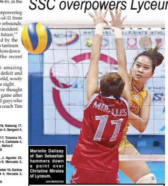  ?? JUN MENDOZA ?? Marielle Dalisay of San Sebastian hammers down a point over Christine Mirales of Lyceum.