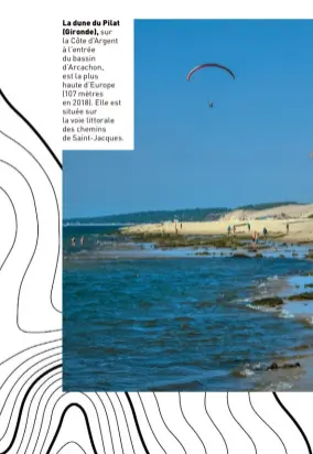  ??  ?? La dune du Pilat (Gironde), sur la Côte d'Argent à l’entrée du bassin d’Arcachon, est la plus haute d’Europe (107 mètres en 2018). Elle est située sur la voie littorale des chemins de Saint-Jacques.