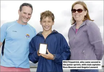  ??  ?? Will Fitzpatric­k, who came second in the junior sprints, with club captains Ross Beacom and Angela Leonard.