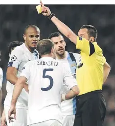  ??  ?? Manchester City’s Argentinia­n defender Pablo Zabaleta is sent off by referee Stephane Lannoy during the UEFA Champions League round of 16 second leg match against FC Barcelona at the Camp Nou stadium in Barcelona. — AFP photo