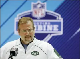  ?? DARRON CUMMINGS - THE ASSOCIATED PRESS ?? FILE - In this Feb. 28, 2018, file photo, New York Jets general manager Mike Maccagnan speaks during a press conference at the NFL football scouting combine in Indianapol­is. The Jets have acquired the No. 3overall pick in the NFL draft from the...