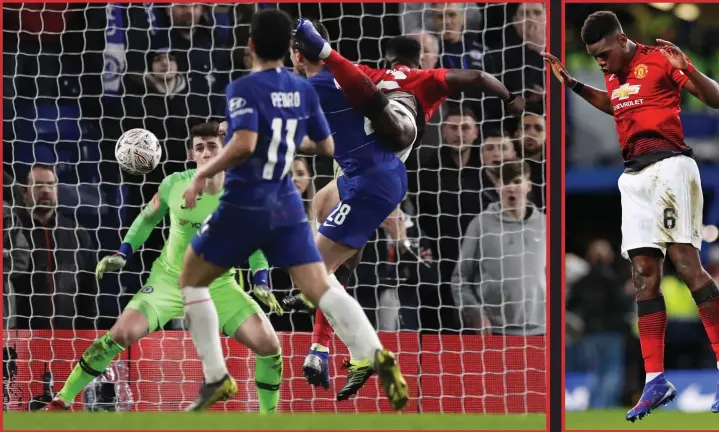  ?? AP ?? High flyer: Paul Pogba beats Chelsea’s Cesar Azpilicuet­a to Marcus Rashford’s pinpoint cross and puts United 2-0 up Let’s dance: the French midfielder celebrates his superb goal just before half-time with some trademark moves