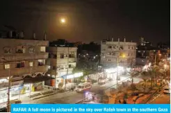  ??  ?? RAFAH: A full moon is pictured in the sky over Rafah town in the southern Gaza Strip.—AFP