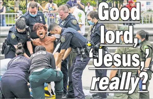  ??  ?? BAD NUDES: Police and EMS crews struggle Monday to restrain a naked Matthew Mishefski, the self-proclaimed Washington Square Park Jesus.