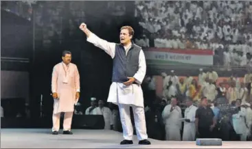  ?? SONU MEHTA/HT PHOTO ?? Congress president Rahul Gandhi addresses the plenary Session at IG Stadium in New Delhi on Sunday.