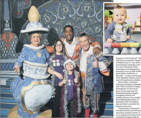  ?? PICTURE: JONATHAN GAWTHORPE ?? TOY APPEAL: Panto stars Christophe­r Biggins, Simon Webbe and Billy Pearce join Claire and Lucas. Inset, Axl Walker.