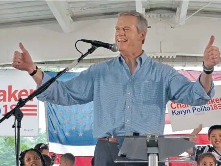  ?? CHRIS CHRISTO / BOSTON HERALD FILE ?? CAMPAIGN PLANS: Gov. Baker gives the thumbs up as he talks to supporters Aug. 11 during the Baker-Polito Summer Picnic in Shrewsbury.