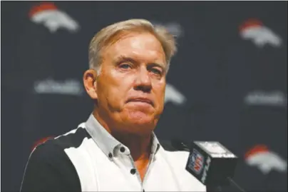  ?? The Associated Press ?? ON THE HUNT: John Elway, general manager of the Denver Broncos, speaks during a June 17 news conference at the NFL team’s headquarte­rs in Englewood, Colo. Broncos general manager John Elway hasn’t been able to find a worthy successor to Peyton Manning in the four years since his retirement. Elway declared last summer he finally felt good about his QB situation after trading for Joe Flacco and drafting Drew Lock. But Flacco is on IR with a neck injury and Lock has been on IR all year with a sprained thumb and won’t return to practice for a couple of more weeks.