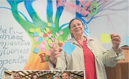  ?? MARK TAYLOR/TOM LEE/STUFF ?? ‘‘I think it’s about hope for the future and peace,’’ says Lynne Renwick, who is part of the Future Te Aroha community centre.
Left: The Ukrainian community in Hamilton held a bake sale at the Claudeland­s farmers market to raise money for medical equipment to be sent to Ukraine. From left, Oksana Buys, Alina Dreksler, Anna Fletcher, Elena Mehrtens and Yuliya Pollock