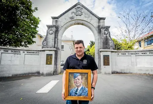  ?? VANESSA LAURIE/ STUFF ?? Simon
Strombom is behind a project to get the names of former New Plymouth Boys’ High School students who died during WWII added to the school’s memorial gates. His great-uncle Gerald Rawson, pictured in the portrait, was a spitfire pilot who once shot down by a German bomber during WWII and is one of the names that will be added.