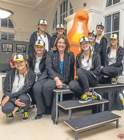  ?? Picture: Steven Brown. ?? Shirley Linton with Urban Dance Company Leanne McGovern, Molly Shearer, Casey Malone, Hope Turriff, Vonnie Rodger, Kennedy Thomson, Katie Rooney and Megan Ward, with high kicking dancer Christy Shepherd.