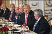  ?? DOUG MILLS / NYT ?? President Trump speaks during a lunch with Japanese Prime Minister Shinzo Abe at Mar-a-Lago in Palm Beach, Fla., Wednesday. On Day 2 of talks, Trump said he hopes to reduce the U.S.’ $56.1B deficit to Japan.