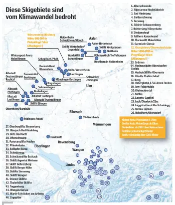  ?? www.schwaebisc­he.de/klimawande­l ?? Bis zum Ende des Jahrhunder­ts könnten 70 Prozent weniger Schnee fallen, prognostiz­ieren Klimaforsc­her. Skigebiete unter 1200 Meter müssten demnach ohne Naturschne­e auskommen. Die Karte zeigt jene Skigebiete in der Region, die über 1200 Meter liegen...