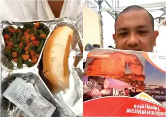  ?? ?? Sulu Gov. Toto Tan shows a breakfast food pack containing green peas and bread served at lunch time to the Filipino-muslim pilgrims while lunch was served at dinner time.