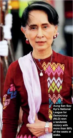  ??  ?? Aung San Suu Kyi’s National League for Democracy (NLD) won a landslide victory with more than 80% of the seats at stake.