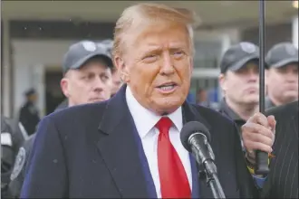  ?? AP photo ?? Former President Donald Trump speaks during a news conference after attending the wake of New York City police officer Jonathan Diller, Thursday, in Massapequa Park, N.Y. Diller was shot and killed Monday during a traffic stop, the city’s mayor said. It marked the first slaying of an NYPD officer in two years.